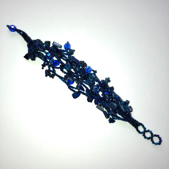 HANDMADE Lapis Lazuli Pebble Seed Crystal Bead Beaded Bracelet Peacock Blue NEW! - Picture 3 of 12